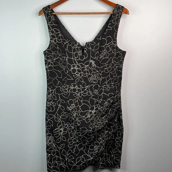TRIXXI Metallic Mini Dress Black Floral Print Split V-neck Ruched Size XL - Picture 13 of 13